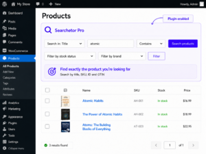Searchetor Pro WooCommerce admin product search showing a title search with three relevant results
