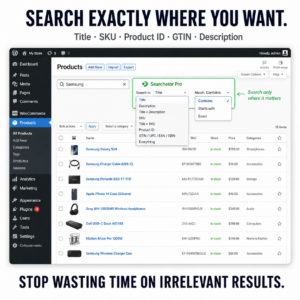 Searchetor Pro WooCommerce admin search by title SKU Product ID GTIN and description