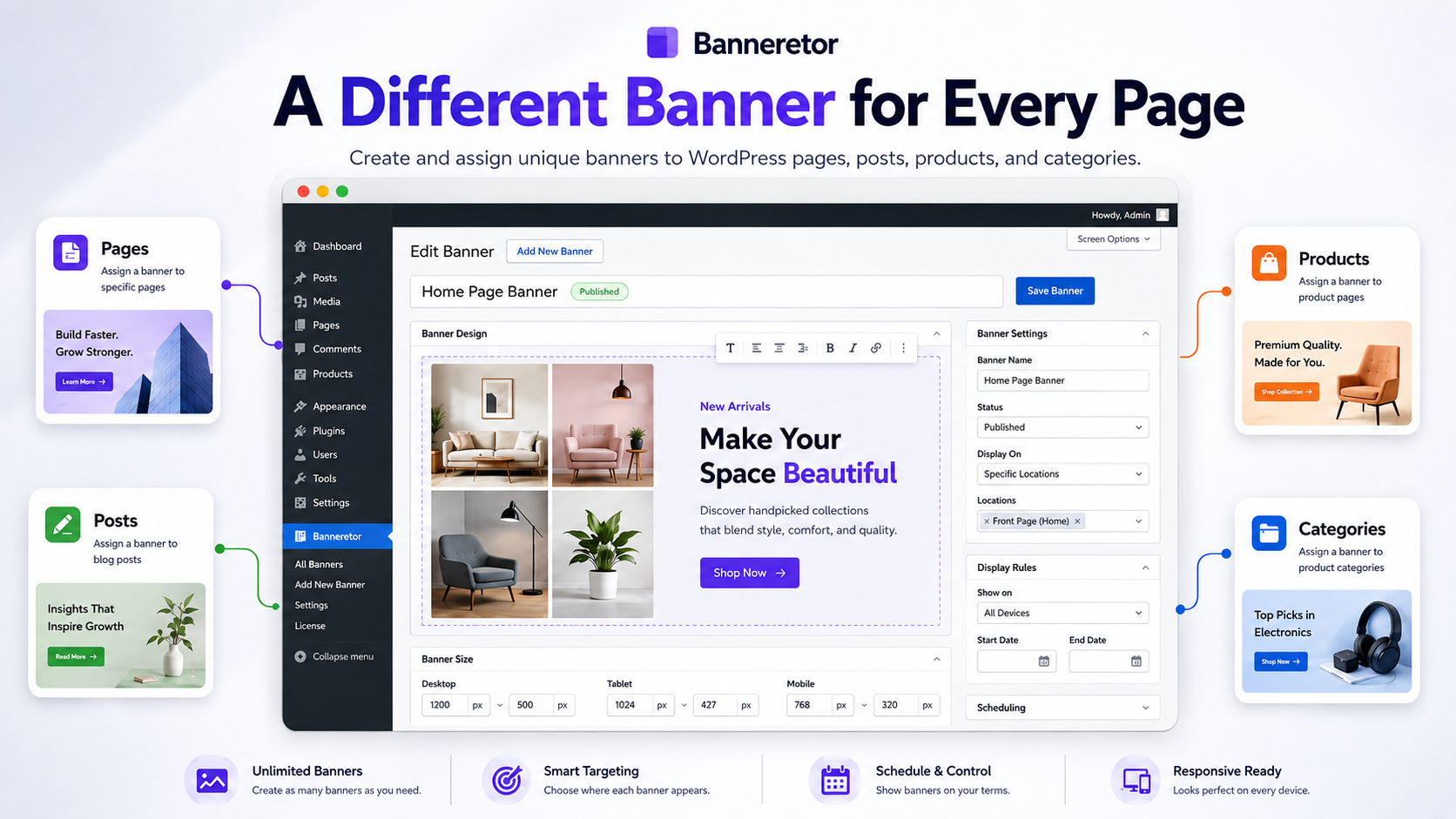 Banneretor WordPress and WooCommerce custom banner plugin interface