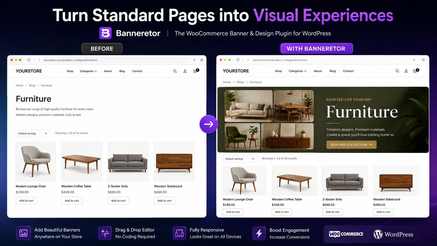 WooCommerce category page before and after using Banneretor