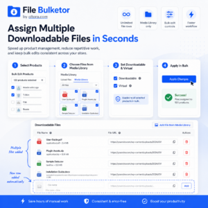 File Bulketor workflow for selecting WooCommerce products and assigning multiple Media Library files