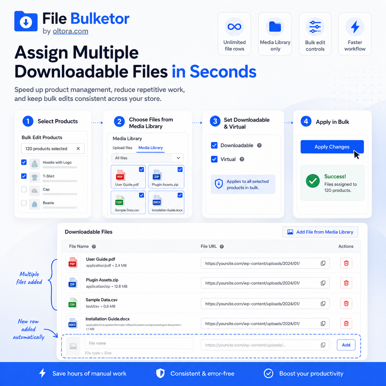 File Bulketor workflow for selecting WooCommerce products and assigning multiple Media Library files