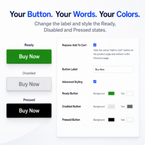 Oltora Buy Now settings for custom button label and Ready, Disabled and Pressed button colors