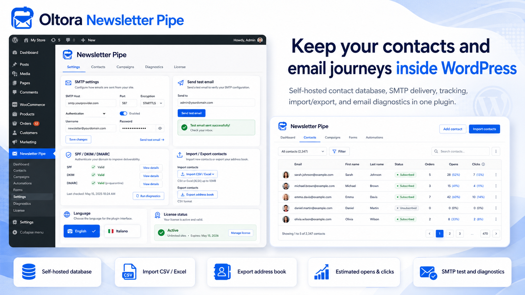 Self-hosted WordPress newsletter contacts with SMTP, import export and email diagnostics