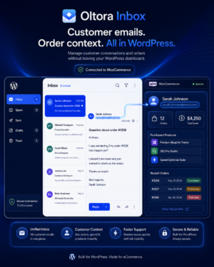 WooCommerce customer email with orders, total spent and purchased products shown in Oltora Inbox