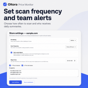 Oltora Price Monitor store settings with competitor scan frequency, daily email digest and multiple team notification recipients