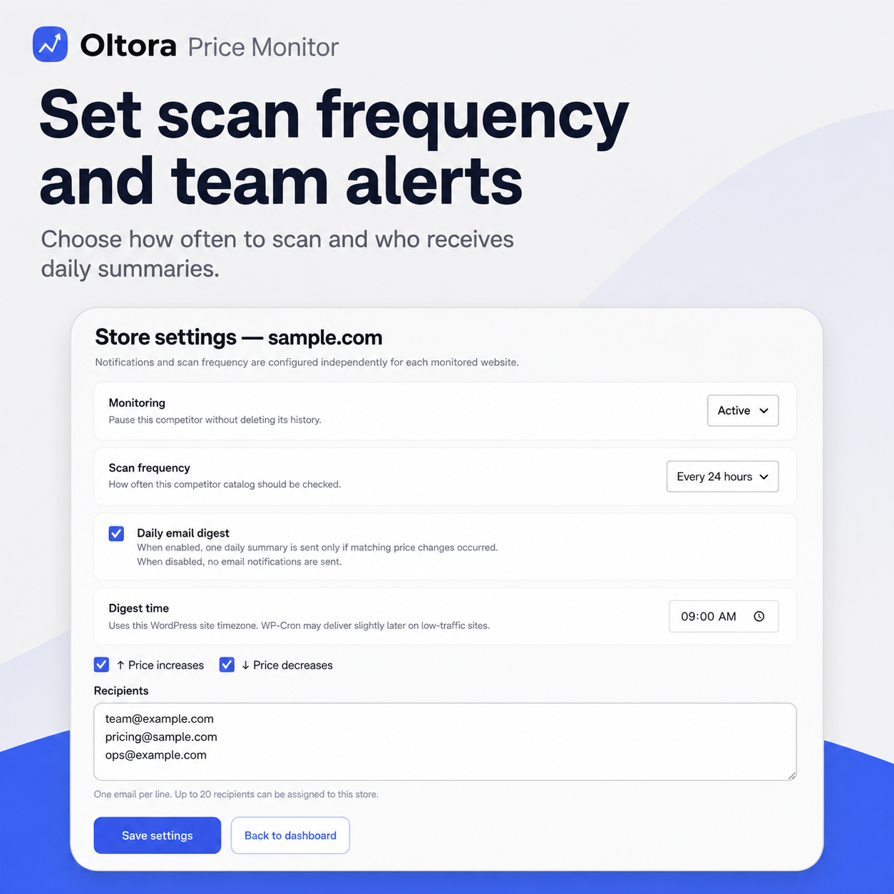 Oltora Price Monitor store settings with competitor scan frequency, daily email digest and multiple team notification recipients