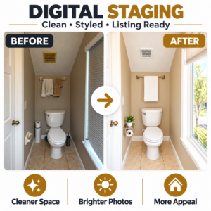 Before and after bathroom digital staging with clutter removal, brighter lighting and clean real estate presentation