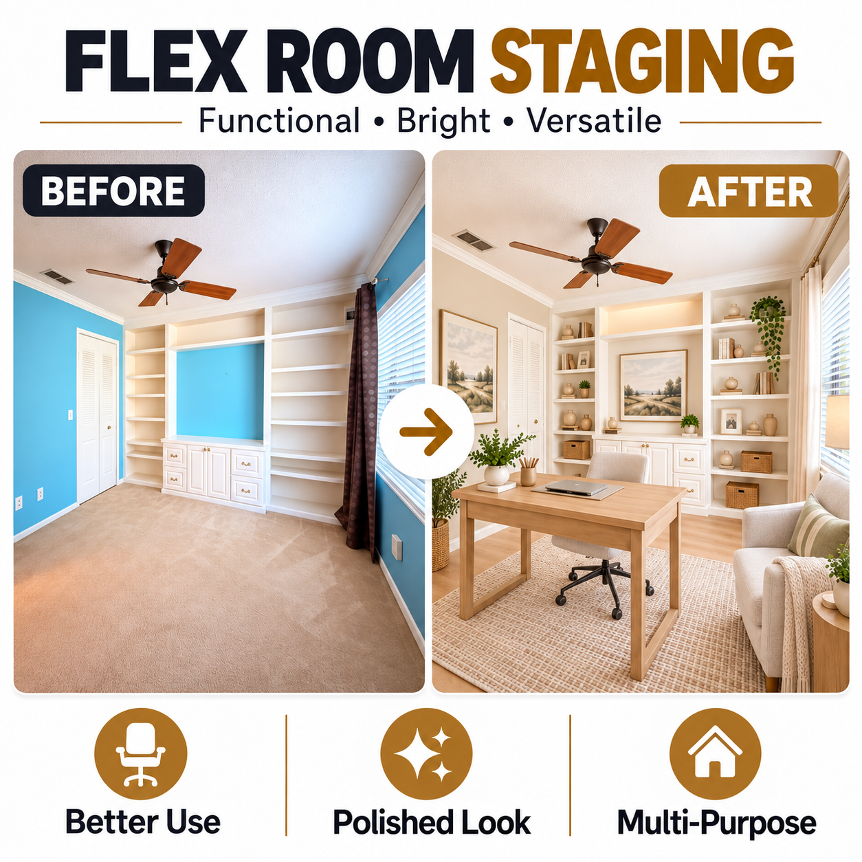 Before and after virtual staging of a flex room transformed into a bright modern home office for real estate marketing