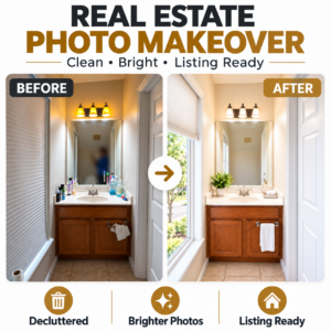 Before and after real estate bathroom photo makeover with decluttering, brighter lighting and listing-ready presentation