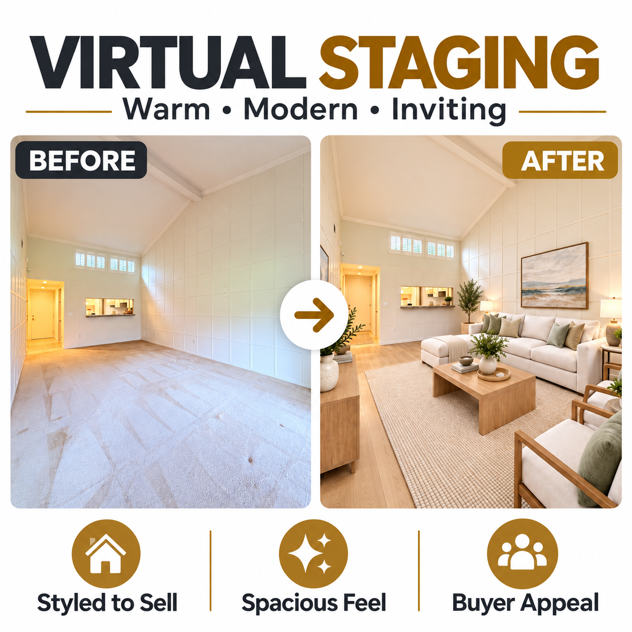 Before and after virtual staging of an empty living room with warm neutral furniture and modern real estate styling