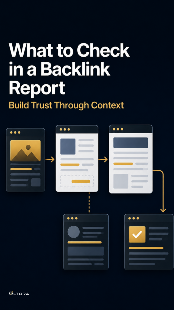 A desk setup showing a backlink report, notes, and a magnifying glass for review