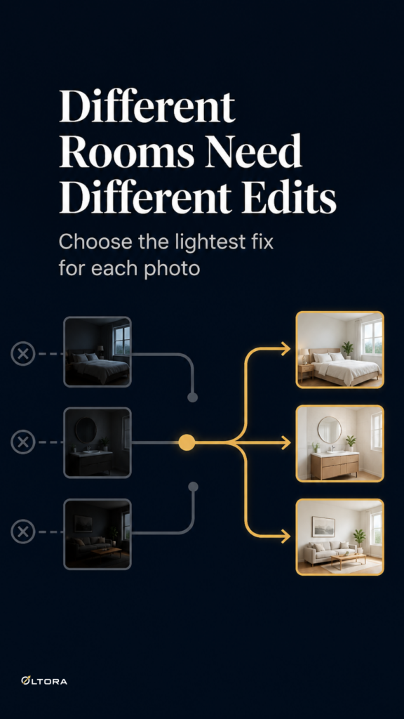 Three property rooms shown with different photo fixes in a clean vertical layout