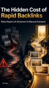 The Hidden Cost of Rapid Backlinks – Risky Rapid Link Schemes Vs Manual Outreach comparison graphic